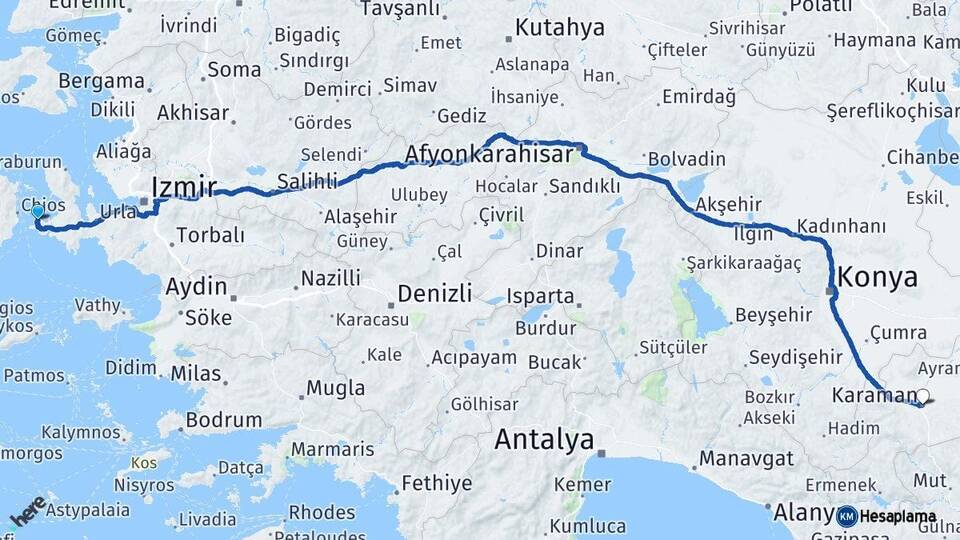 İzmir Çeşme Karaman Arası Kaç Km - Yol Haritası