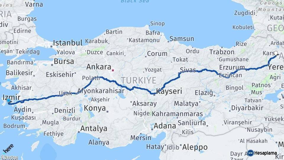 İzmir Çeşme Kars Arası Kaç Km - Yol Haritası
