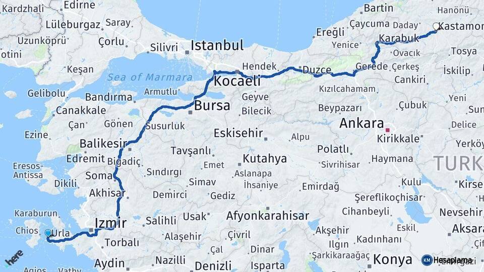 İzmir Çeşme Kastamonu Arası Kaç Km - Yol Haritası