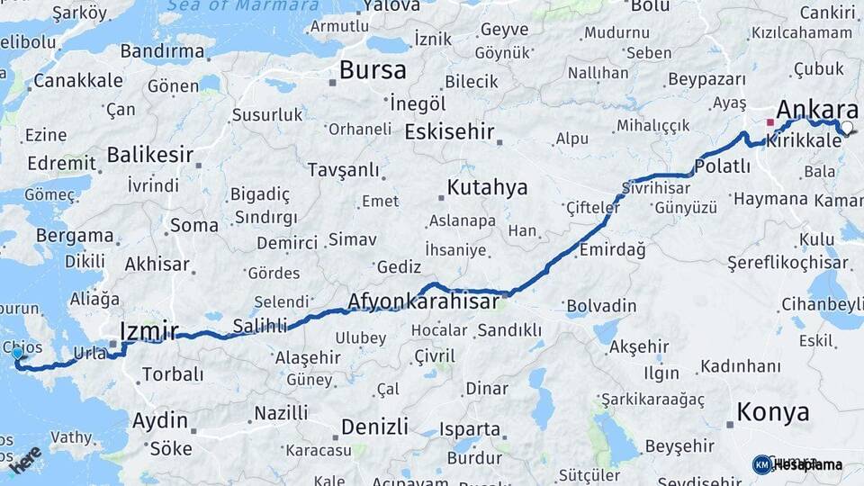 İzmir Çeşme Kırıkkale Arası Kaç Km - Yol Haritası