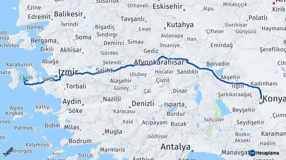 İzmir Çeşme Konya Arası Kaç Km - Yol Haritası
