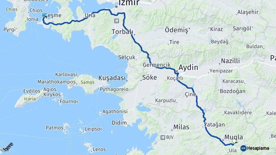 İzmir Çeşme Muğla Arası Kaç Km - Yol Haritası