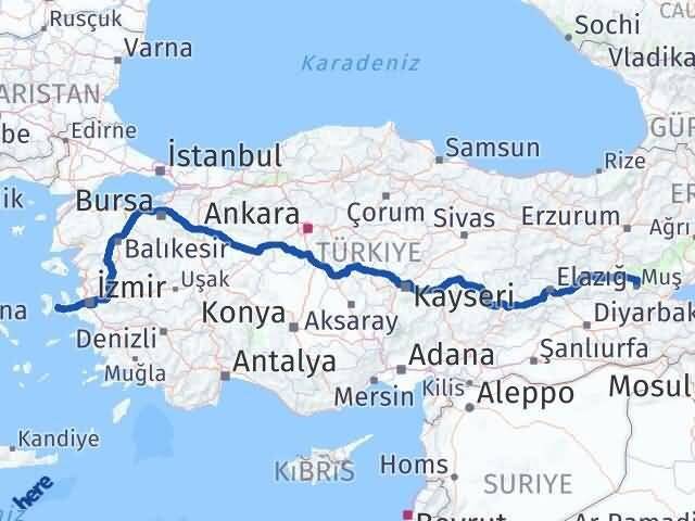 İzmir Çeşme Muş Arası Kaç Km - Yol Haritası