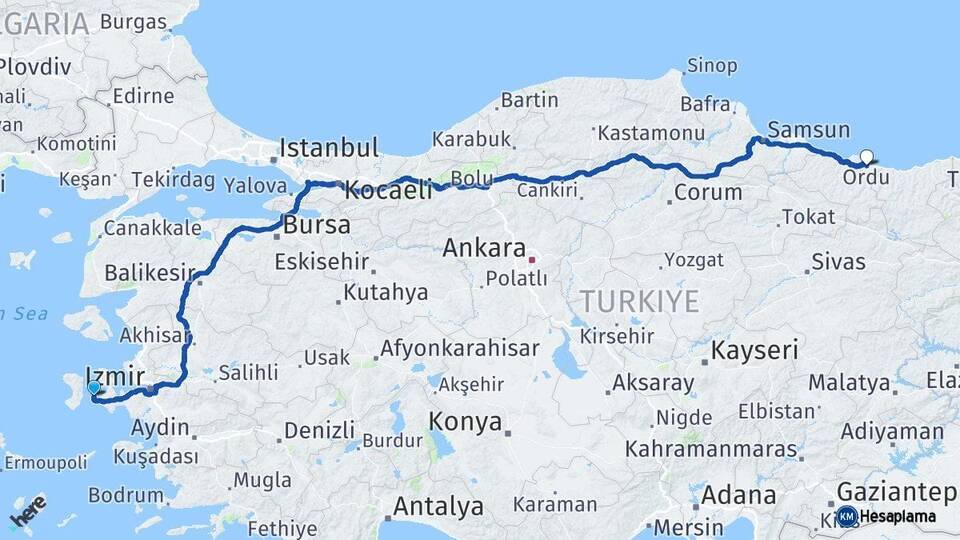 İzmir Çeşme Ordu Arası Kaç Km - Yol Haritası
