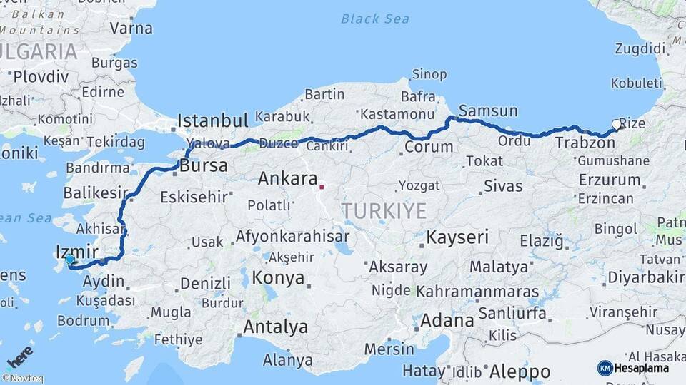 İzmir Çeşme Rize Arası Kaç Km - Yol Haritası