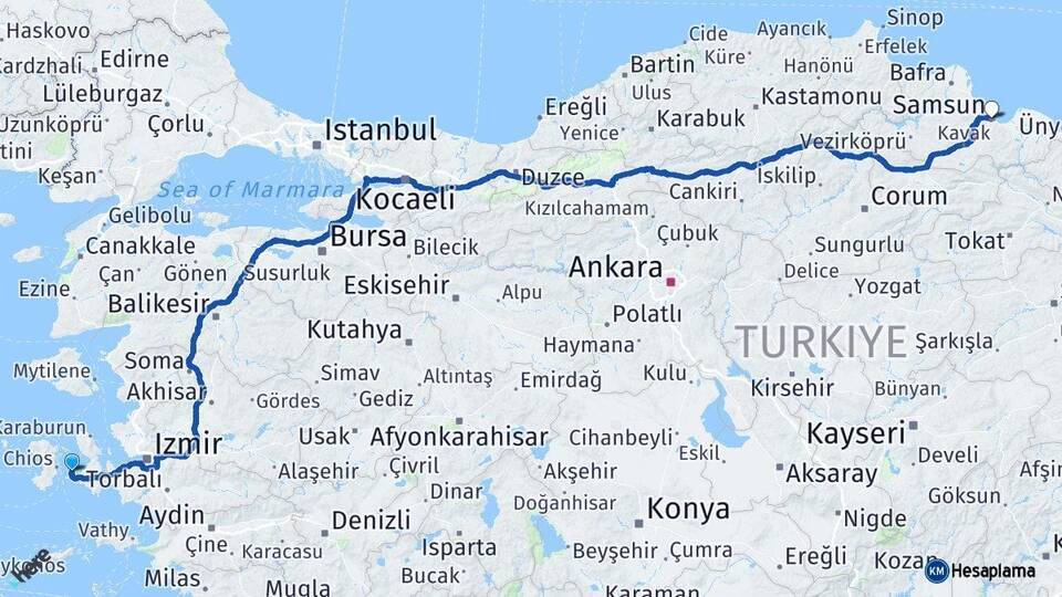 İzmir Çeşme Samsun Arası Kaç Km - Yol Haritası