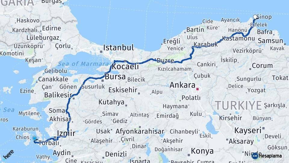İzmir Çeşme Sinop Arası Kaç Km - Yol Haritası