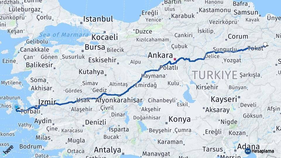 İzmir Çeşme Tokat Arası Kaç Km - Yol Haritası