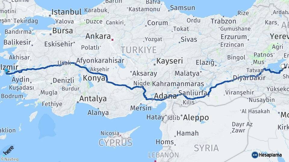 İzmir Çeşme Van Arası Kaç Km - Yol Haritası