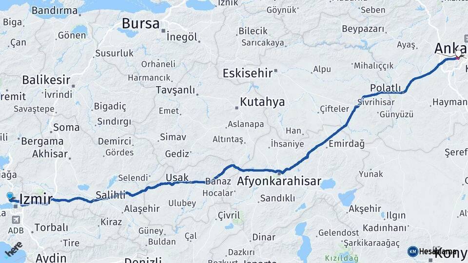 İzmir Çiğli Ankara Arası Kaç Km - Yol Haritası
