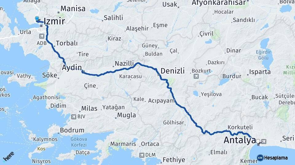İzmir Çiğli Antalya Arası Kaç Km - Yol Haritası