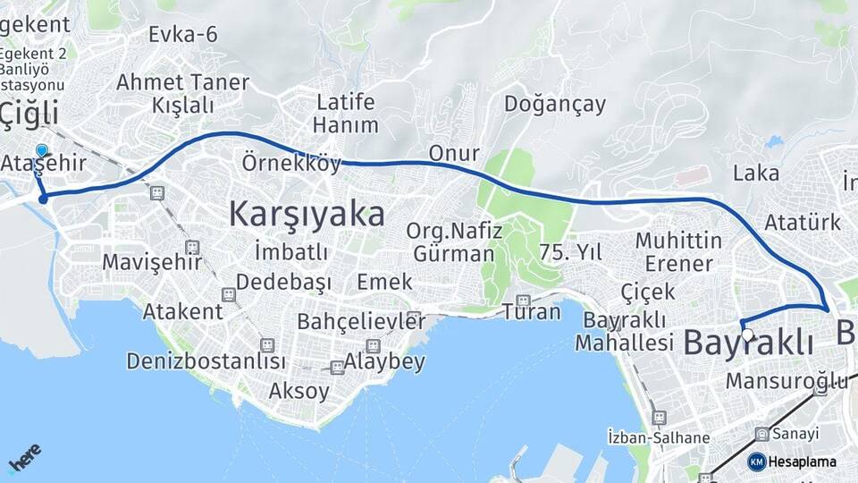 İzmir Çiğli Ataşehir Bayraklı Arası Kaç Km - Yol Haritası