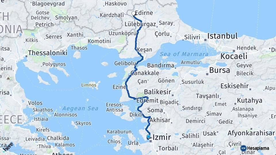 İzmir Çiğli Edirne Arası Kaç Km - Yol Haritası