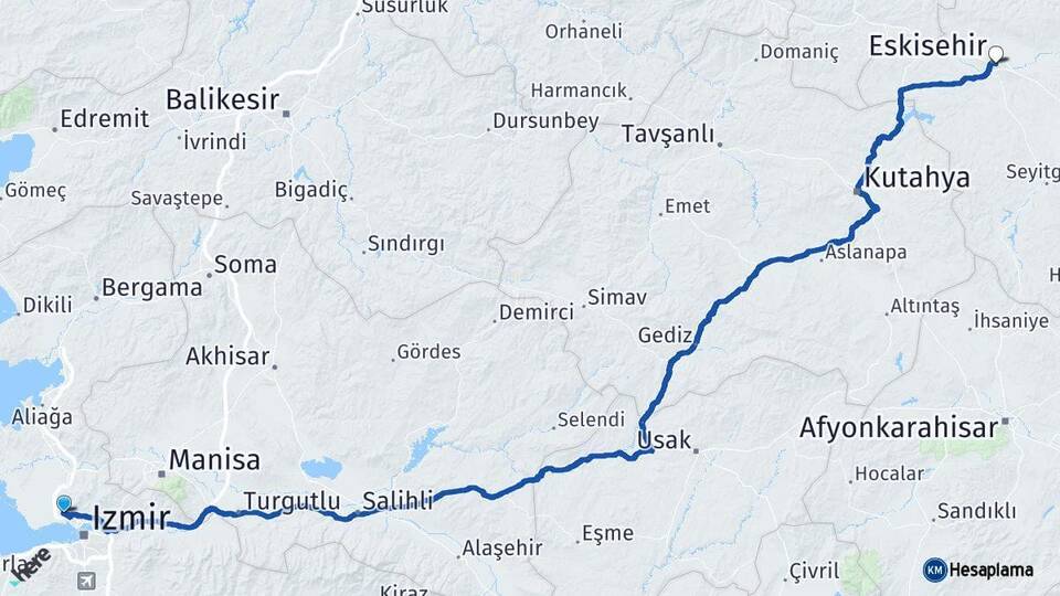 İzmir Çiğli Eskişehir Arası Kaç Km - Yol Haritası