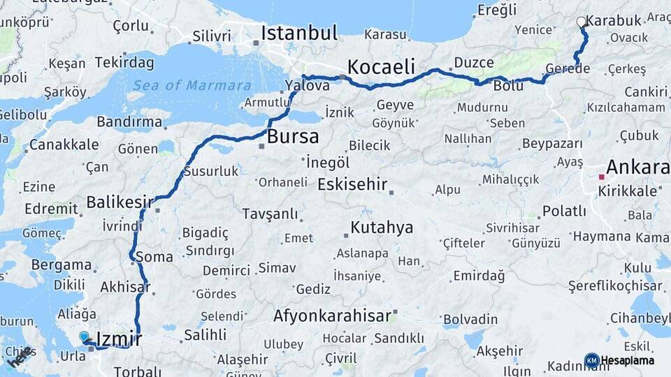 İzmir Çiğli Karabük Arası Kaç Km - Yol Haritası