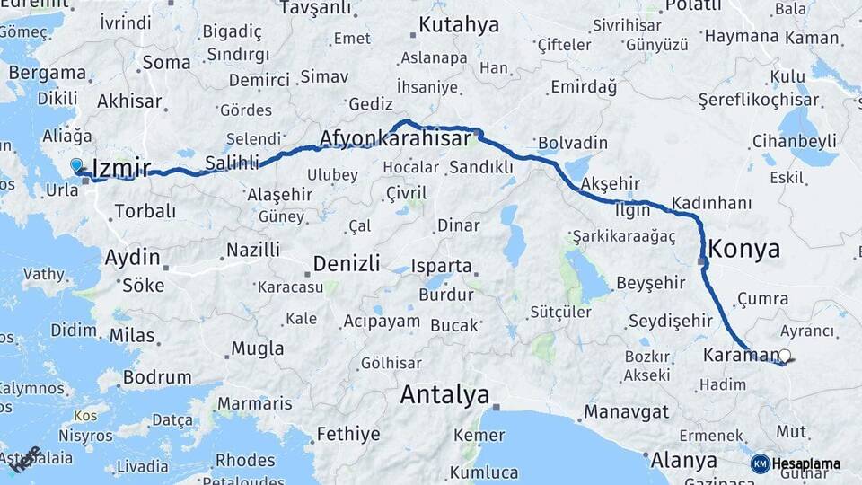 İzmir Çiğli Karaman Arası Kaç Km - Yol Haritası