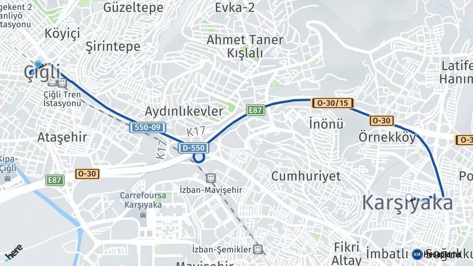 İzmir Çiğli Karşıyaka Arası Kaç Km - Yol Haritası