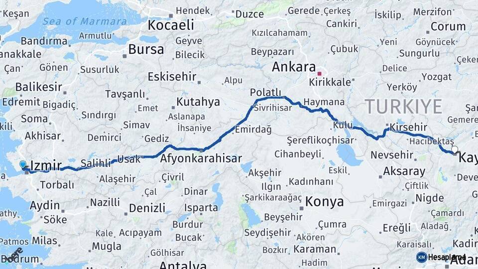 İzmir Çiğli Kayseri Arası Kaç Km - Yol Haritası