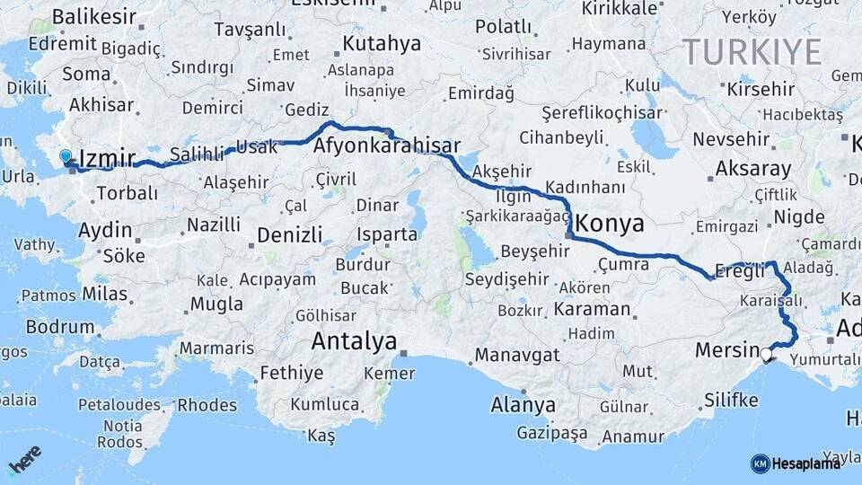 İzmir Çiğli Mersin Arası Kaç Km - Yol Haritası
