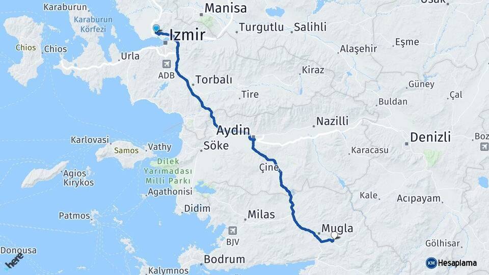 İzmir Çiğli Muğla Arası Kaç Km - Yol Haritası