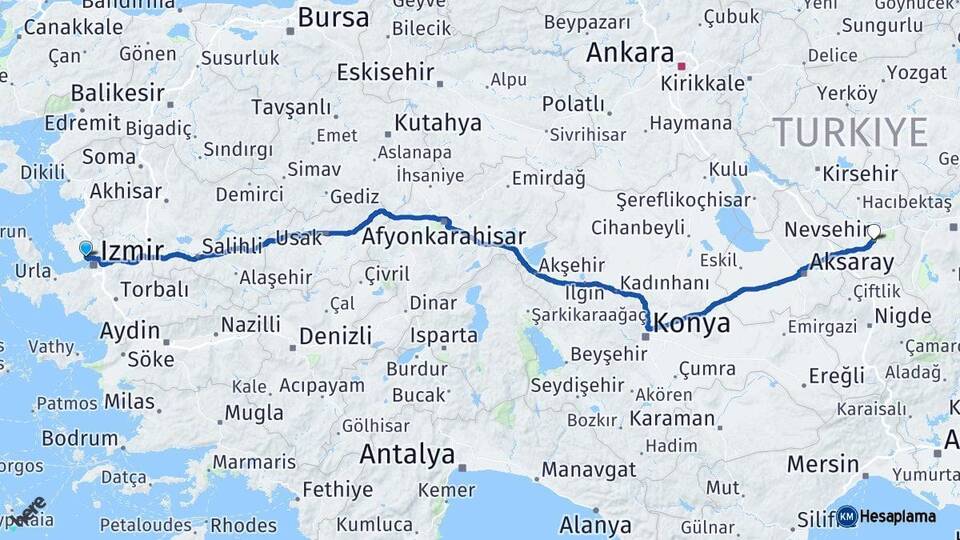 İzmir Çiğli Nevşehir Arası Kaç Km - Yol Haritası
