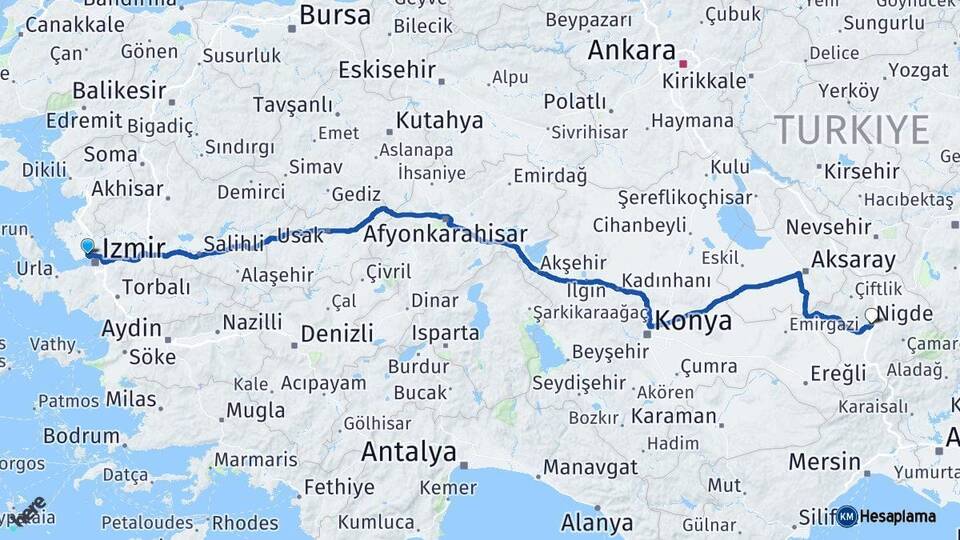 İzmir Çiğli Niğde Arası Kaç Km - Yol Haritası