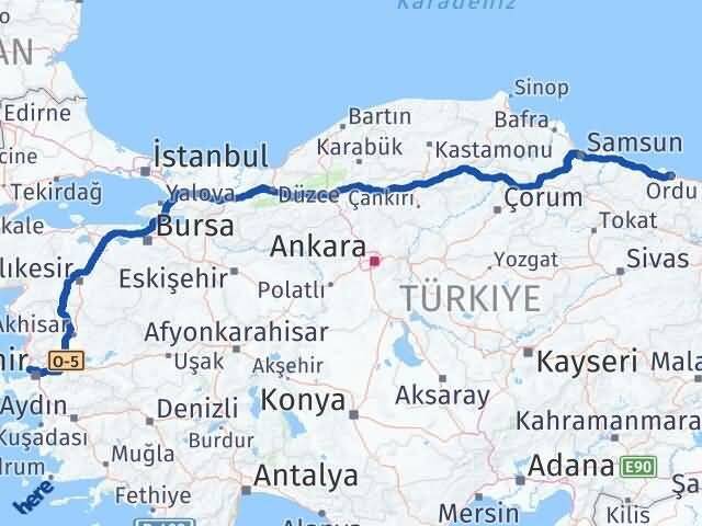 İzmir Çiğli Ordu Arası Kaç Km - Yol Haritası