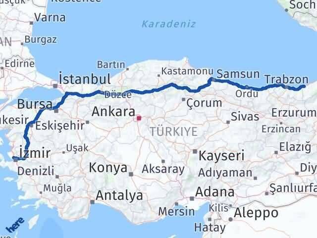 İzmir Çiğli Rize Arası Kaç Km - Yol Haritası