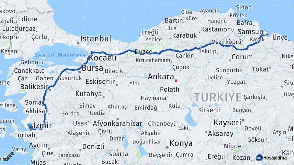 İzmir Çiğli Samsun Arası Kaç Km - Yol Haritası