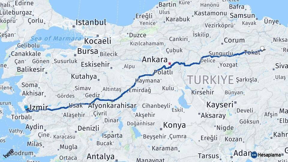 İzmir Çiğli Tokat Arası Kaç Km - Yol Haritası