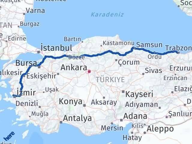 İzmir Çiğli Trabzon Arası Kaç Km - Yol Haritası