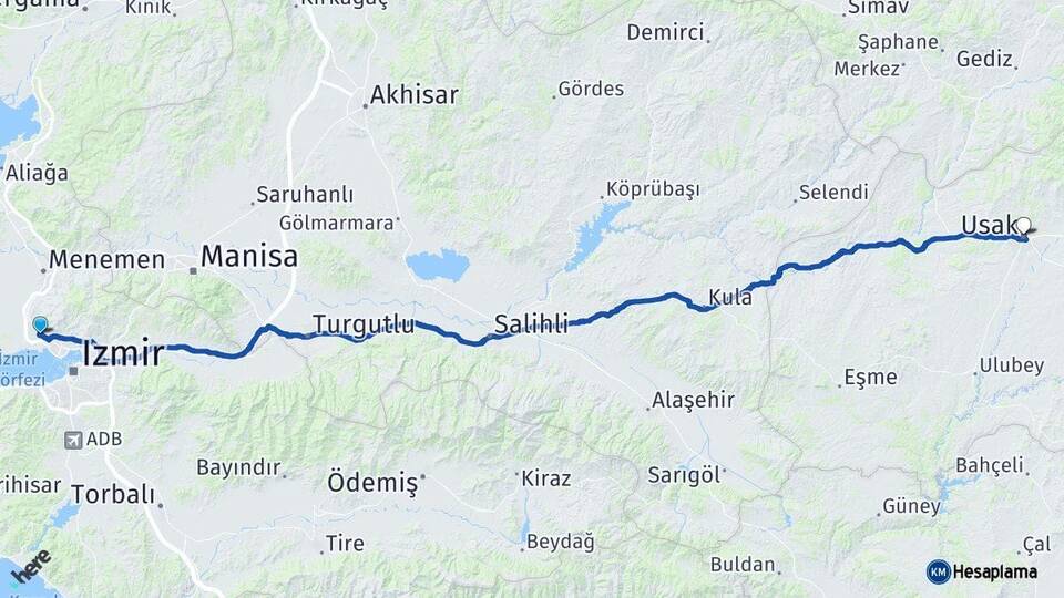 İzmir Çiğli Uşak Arası Kaç Km - Yol Haritası