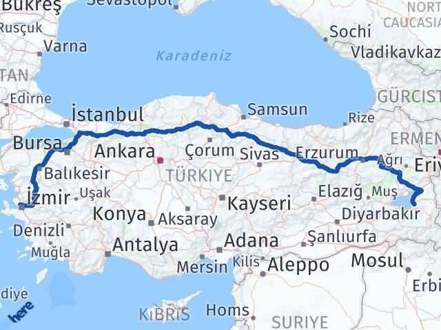 İzmir Çiğli Van Arası Kaç Km - Yol Haritası