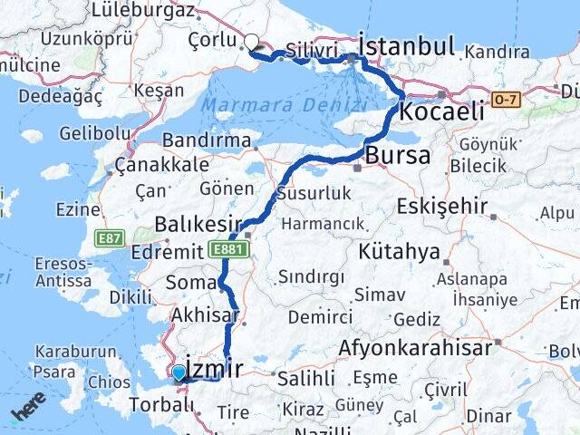 İzmir Çorlu Havalimanı Arası Kaç Km - Yol Haritası