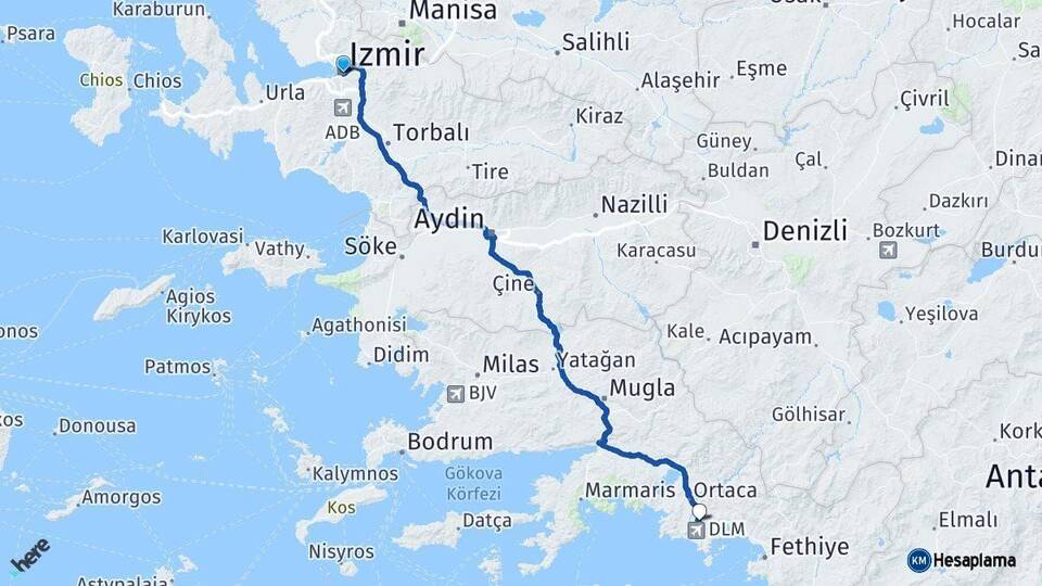İzmir Dalaman Muğla Arası Kaç Km - Yol Haritası