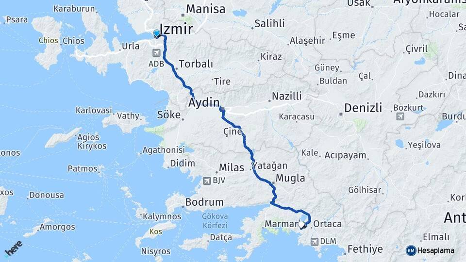 İzmir Dalyan Ortaca Muğla Arası Kaç Km - Yol Haritası