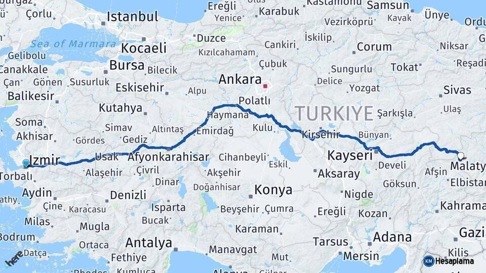 İzmir Darende Malatya Arası Kaç Km - Yol Haritası