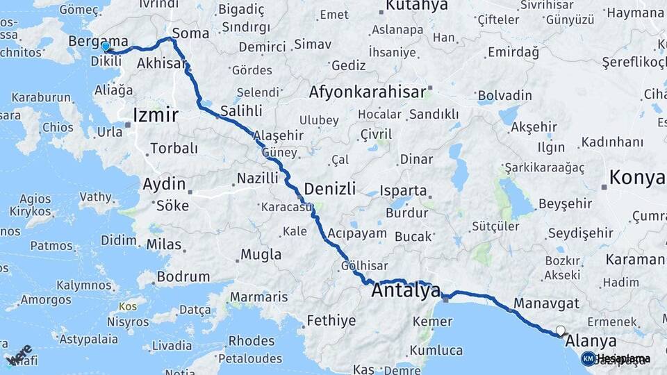İzmir Dikili Alanya Antalya Arası Kaç Km - Yol Haritası