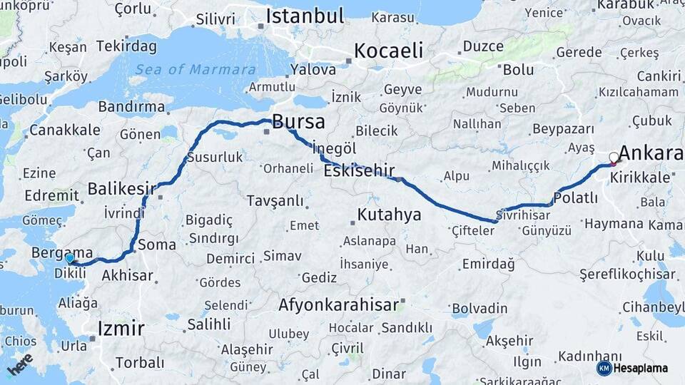 İzmir Dikili Ankara Arası Kaç Km - Yol Haritası