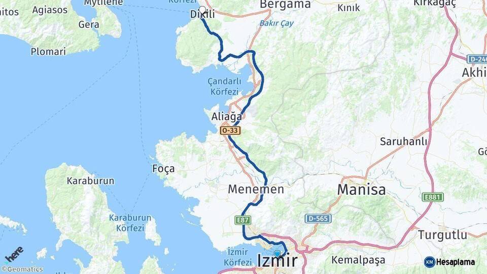 İzmir Dikili Arası Kaç Km - Yol Haritası
