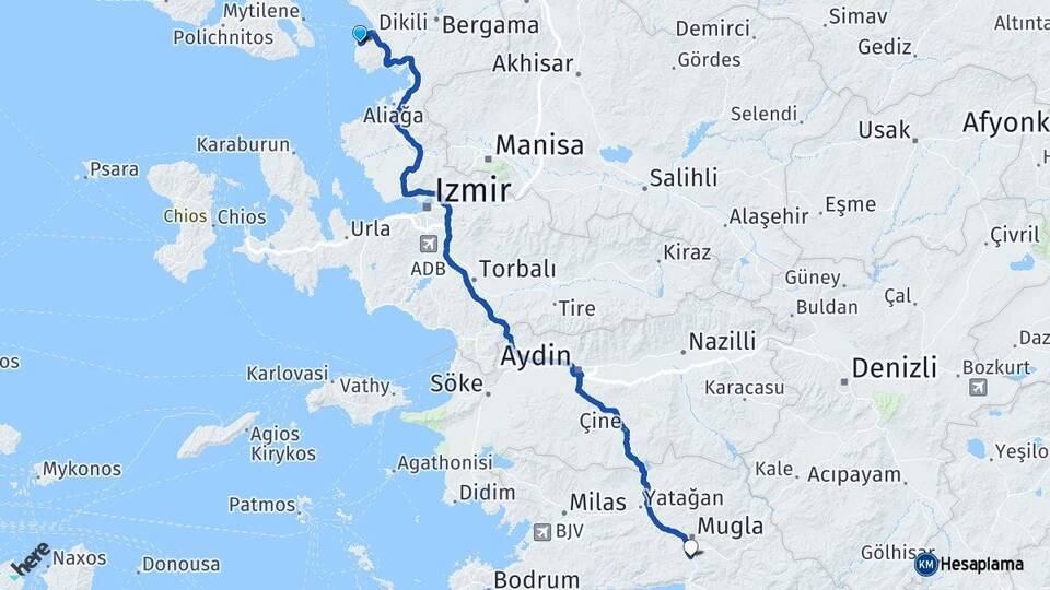İzmir Dikili Bademli Gülağzı Menteşe Muğla Arası Kaç Km - Yol Haritası
