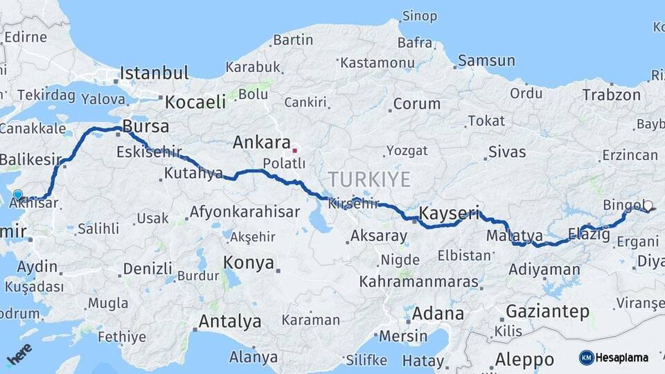 İzmir Dikili Bingöl Arası Kaç Km - Yol Haritası