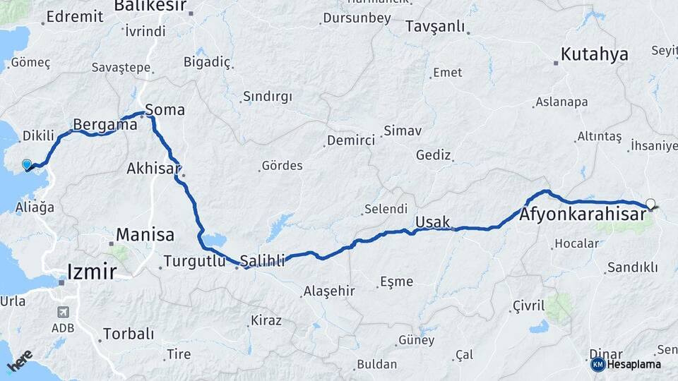 İzmir Dikili Çandarlı Afyonkarahisar Arası Kaç Km - Yol Haritası