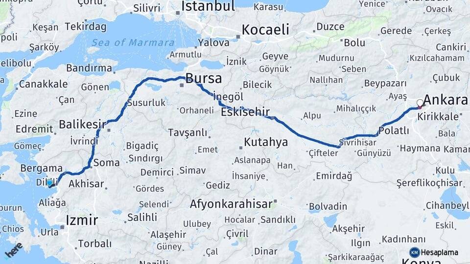 İzmir Dikili Çandarlı Ankara Arası Kaç Km - Yol Haritası