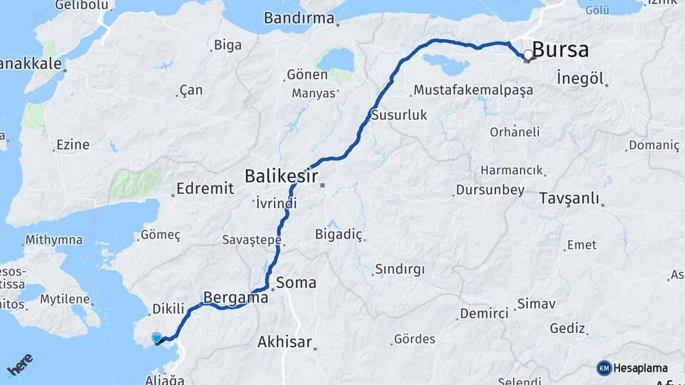 İzmir Dikili Çandarlı Bursa Arası Kaç Km - Yol Haritası