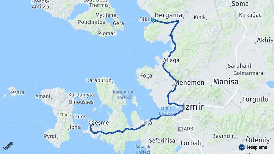 İzmir Dikili Çeşme Arası Kaç Km - Yol Haritası