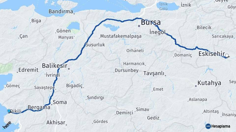 İzmir Dikili Eskişehir Arası Kaç Km - Yol Haritası