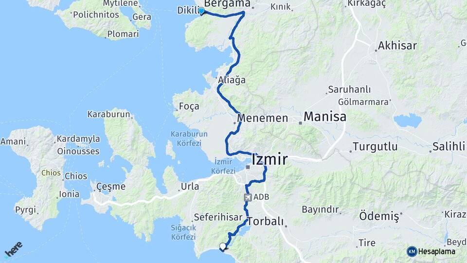 İzmir Dikili Gümüldür Atatürk Menderes Arası Kaç Km - Yol Haritası