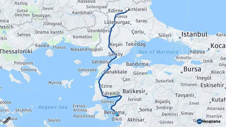 İzmir Dikili Kırklareli Arası Kaç Km - Yol Haritası