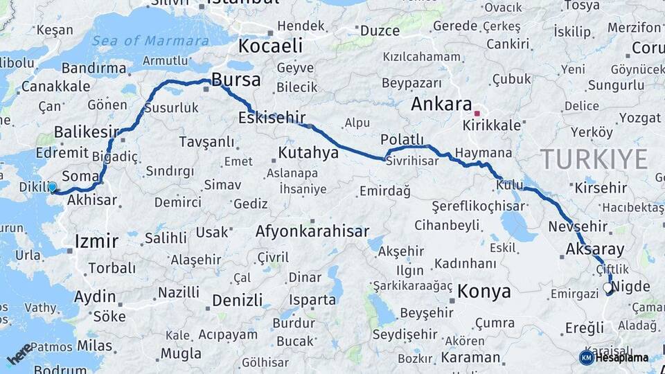 İzmir Dikili Niğde Arası Kaç Km - Yol Haritası